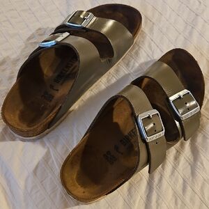 Birkenstock Khaki Sandals with Metallic Buckles